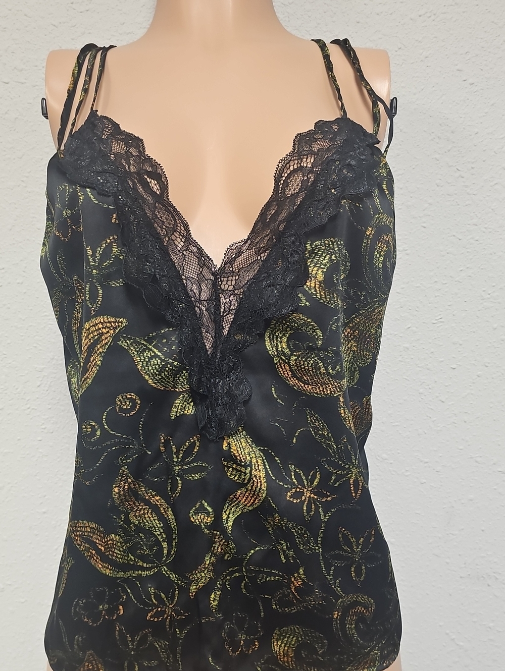 Free People Black Satin Cami with Metallic Gold and Green Floral